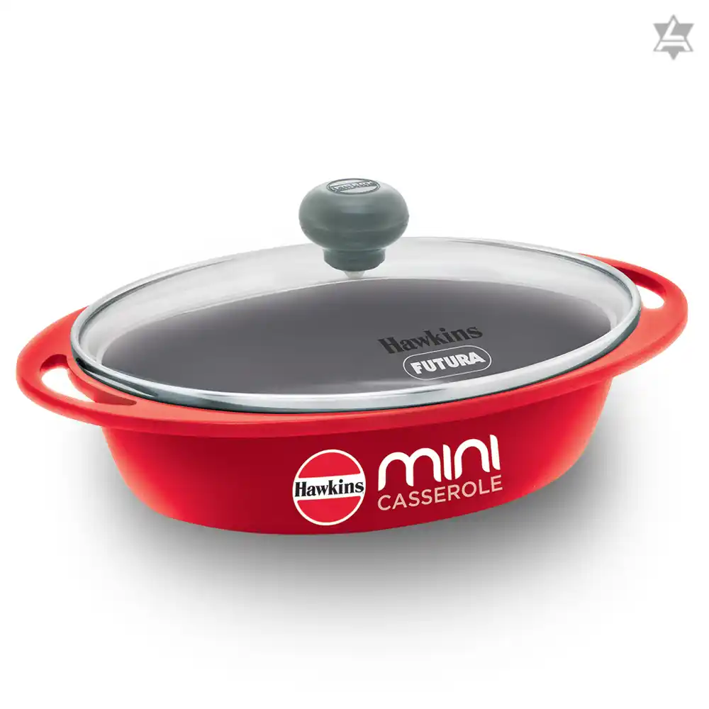 Hawkins 0.75 Litre Mini Casserole with Glass Lid, Oval Shaped Die-Cast pan for Cooking, Reheating, Serving and Storing, Red (DCR75G)